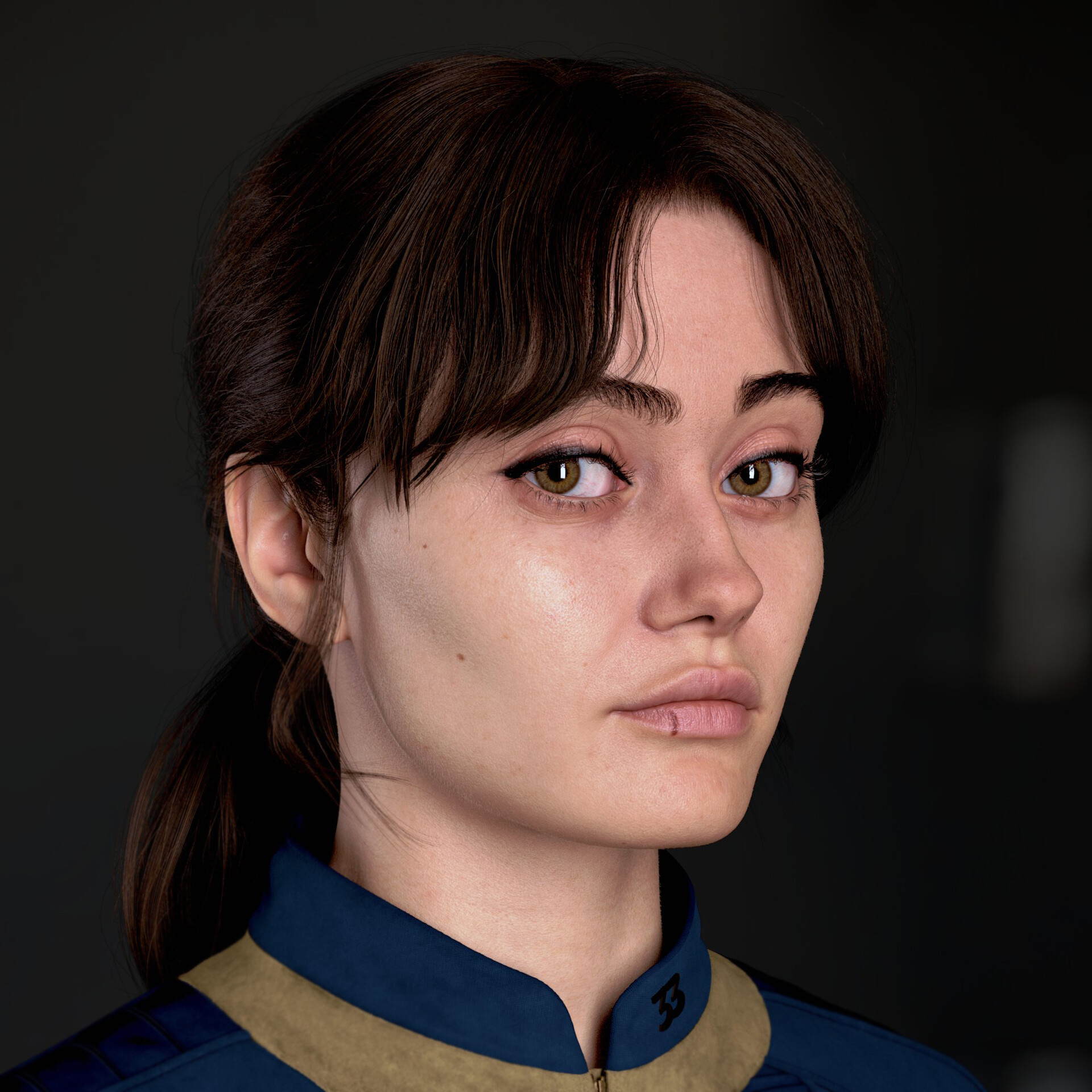 Portrait of Ella Purnell, actress who is in costume for her role in "Fallout" on Amazon Prime Video